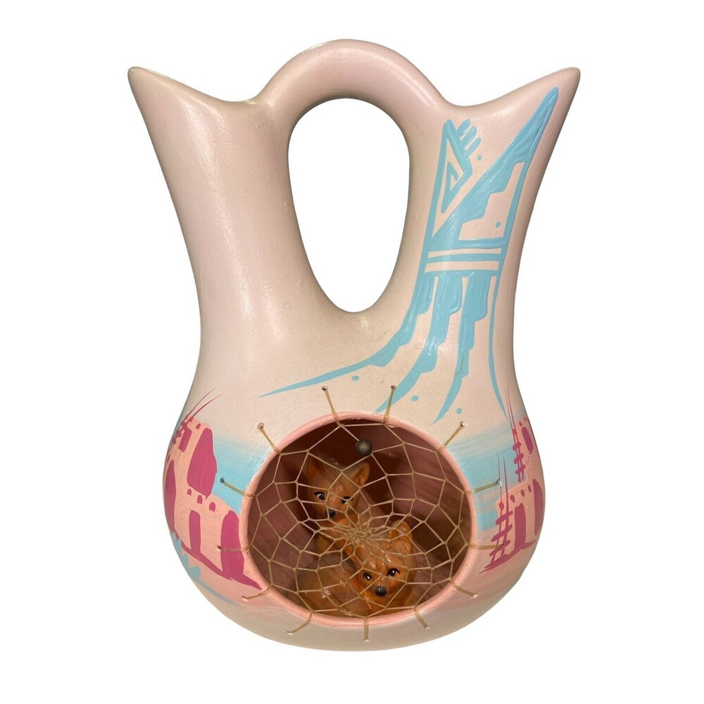 VTG Navajo Style Wedding Vase Pottery Fox Dreamcatcher Signed 8" Southwestern